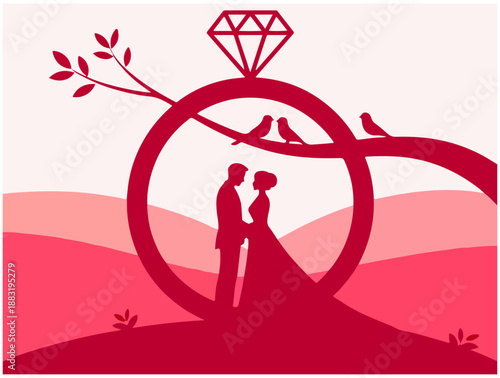 Romantic Engagement Ring Silhouette with Couple Love Proposal Scenic Vector Illustration