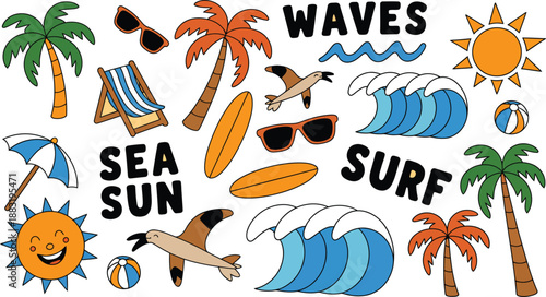 Colorful summer beach icons with palm trees and waves and surfs