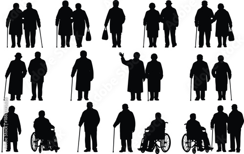 Silhouette illustration of elderly people with canes and wheelchairs, diverse poses symbolizing aging, mobility, healthcare, companionship, and social support
