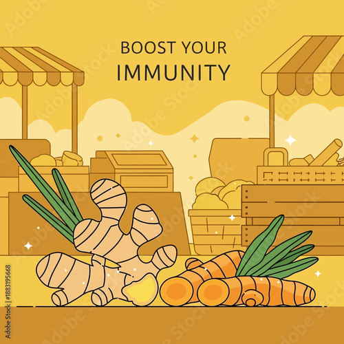 Vibrant Illustration Depicting Herbal Market Stall with Focus on Immune-Boosting Roots