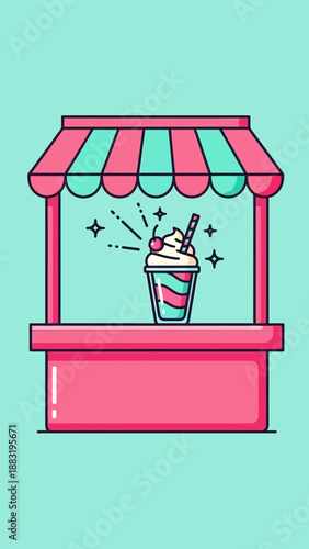 Vibrant Illustration Of A Cute Pink And Teal Milkshake Stand Offering Refreshments