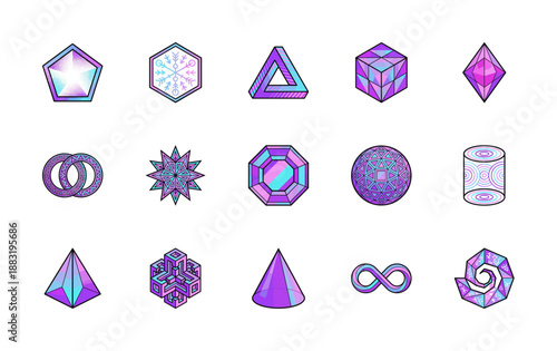 Isometric Neon Synthwave Geometric Sacred Symbols Graphic Asset Sheet for Futuristic Tech and Mysticism