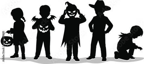 Halloween kids silhouettes in costumes, trick or treat children with pumpkin basket, spooky party vector, autumn celebration illustration.