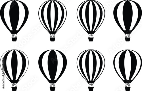 Hot air balloon silhouette set, black and white flying balloon icons, travel adventure design elements, minimal vector illustration