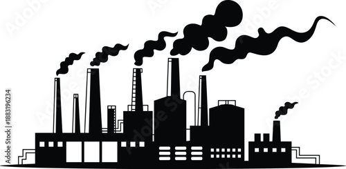 Industrial factory silhouette with smoke, pollution emission from chimneys, power plant vector illustration isolated on white background