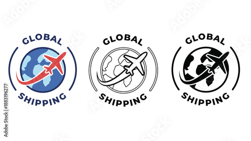 Three logos for global shipping company with airplane and globe icons