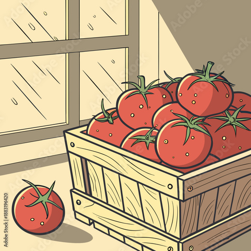 Ripe Tomatoes in a Wooden Crate by the Window