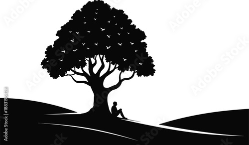 Lonely man under tree silhouette, peaceful nature landscape scene, black and white vector illustration, meditation relaxation concept design