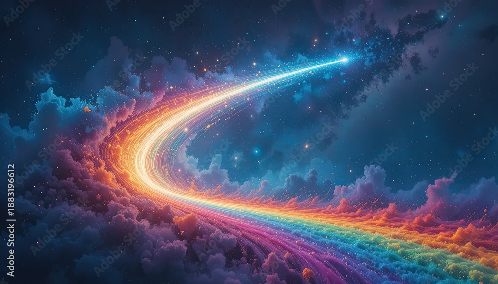 Fototapeta premium Vibrant rainbow comet streaking through colorful clouds