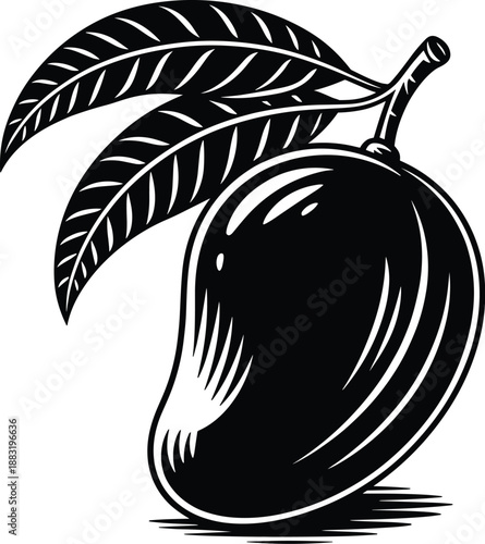 Mango fruit illustration, tropical ripe mango with leaves, black and white vector silhouette, fresh healthy food icon, isolated