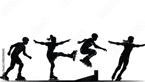 Silhouettes of four people rollerblading in different poses on a white background
