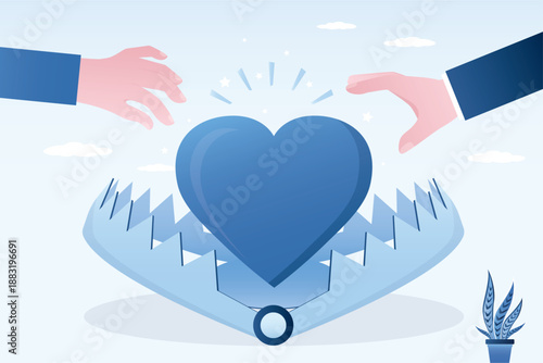 Deception - trap that uses the heart as bait. Human hands trying to catch giant heart in animal trap. Trap with bait heart. trap of love.