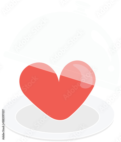 A professional flat vector illustration of a vibrant red heart being served on a restaurant cloche platter. This conceptual design represents serving love and romantic dinner surprises