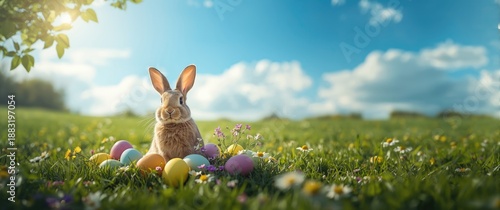 Easter eggs and bunny in a springtime meadow