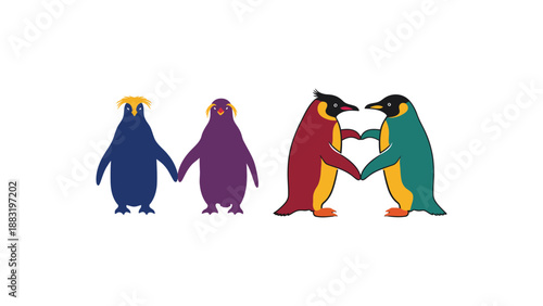 A group of colorful penguins standing together in pairs on a white background