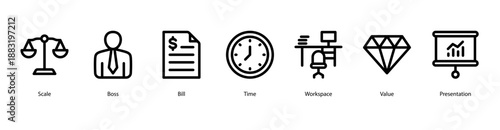 Business Leadership web banner icon vector illustration featuring Scale, Boss, Bill, Time, Workspace, Value, and Presentation to represent authority and organizational management.