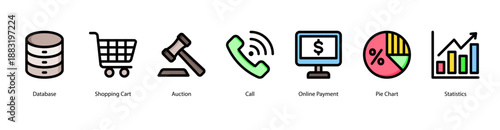 E Commerce Operations web banner icon vector illustration featuring Database, Shopping Cart, Auction, Call, Online Payment, Pie Chart, and Statistics for retail systems.