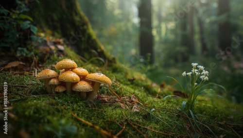 Cluster of mushrooms sprouting from a tree trunk in a dense forest, highlighting natural foraging and healthy eating