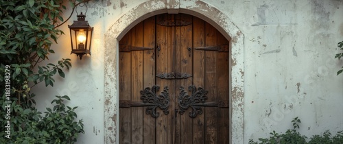 Aged wooden gate beside a white wall with an overhead lantern at the entrance
