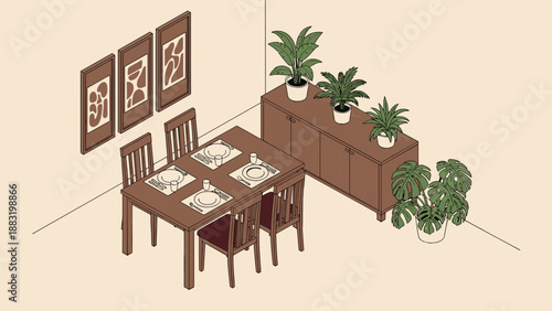 Isometric Dining Room Interior Design with Wooden Table Chairs Sideboard Indoor House Plants Monstera Potted Greenery and Abstract Wall Art Decor