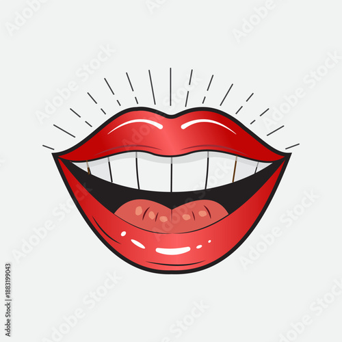 a vibrant illustration showcasing a wide open mouth with bright red lips and sparkling white teeth smiling cheerfully