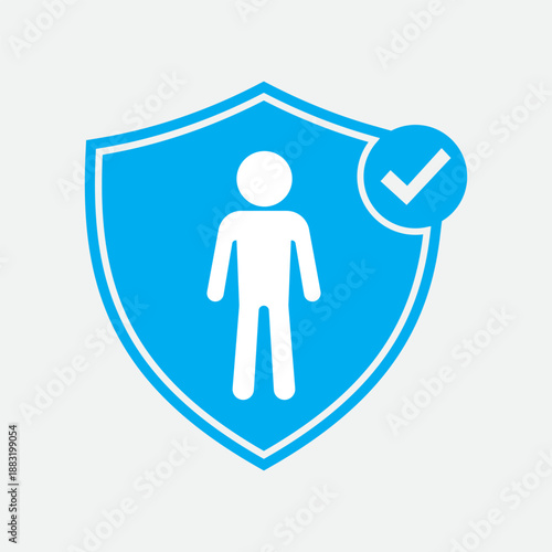 a blue shield icon displaying a white silhouette of a person and a checkmark symbolizing safety and protection