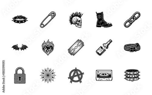 Stippled Engraving Punk Rock Alternative Subculture Graphic Asset Sheet for Grunge Tattoo Design