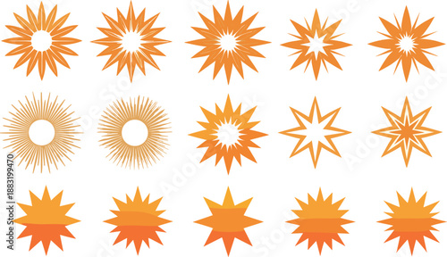 Orange starburst shape vector set. Decorative sun icons and explosion symbols for promotions, highlights, posters and modern graphic design projects.