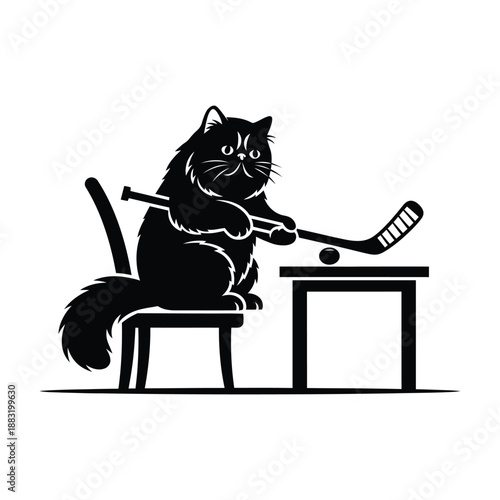 Funny Black Cat Silhouette Playing Ice Hockey with Stick and Puck at a Table