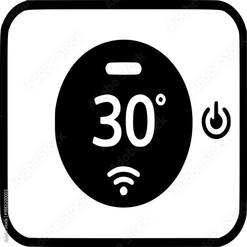 Digital Thermostat: A minimalist illustration of a smart digital thermostat, showcasing its sleek design, the set temperature of 30 degrees, and its intuitive wireless connectivity.