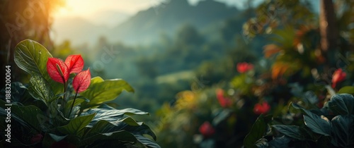Anthurium Scherzerianum in a vibrant panoramic photo featuring Shallow DOF