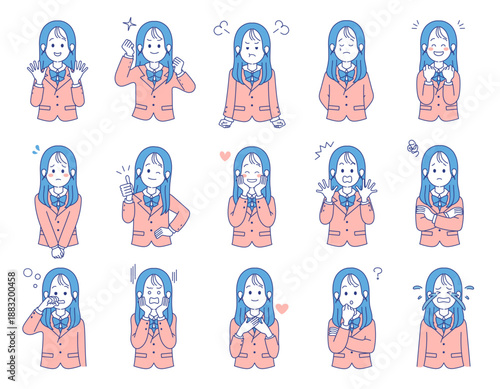 学生　表情　バリエーション　セット　女子