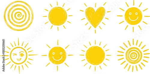 Hand Drawn Sun Vector Set with Yellow Sunshine Doodles Including Smiley Faces Heart Shapes Spirals and Rays for Summer Graphic Design