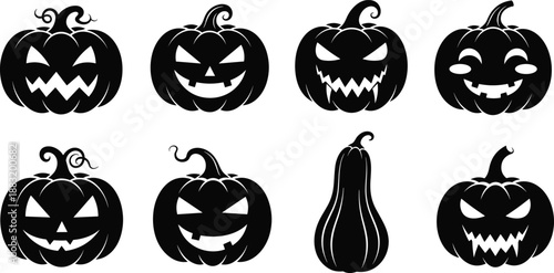 Black silhouette collection of spooky Halloween pumpkins and carved jack o lanterns with various scary faces isolated on white background for holidays