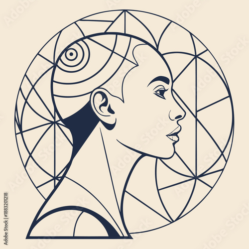 A stylized illustration of a woman's face in a geometric design