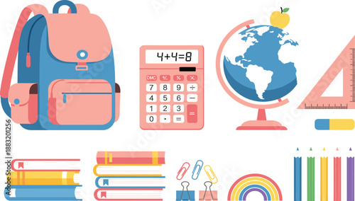 School Supplies and Education Icon Set with Backpack Calculator Globe Books Stationery for Learning and Study Design