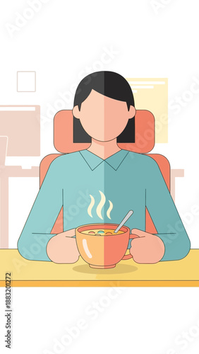 Woman Enjoying A Warm Bowl Of Soup At Her Desk, Representing Comfort And Wellness