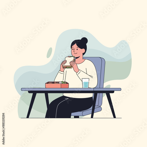 Woman Enjoying a Sandwich at Desk, Lunchtime Scene, Minimalist Illustration Style