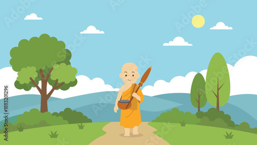 Buddhist Monk Walking on a Nature Path. Young Monk on a Spiritual Journey Through Rural Landscape. Pilgrimage the monk in buddhism.Buddhist Monk with Alms Bowl and Umbrella Walking Outdoors