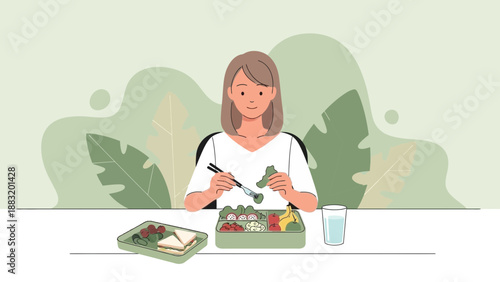 Woman Enjoying Healthy Lunch with Packed Meal and a Glass of Fresh Water