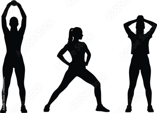 Black silhouette collection of three women in athletic wear performing different stretching and warmup exercises isolated on white background for fitness