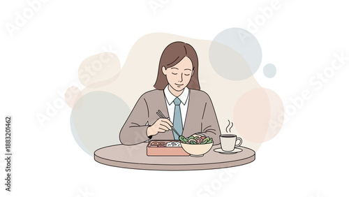 Woman Enjoying Lunch At A Table With Bento Box And Coffee, Simple Illustration