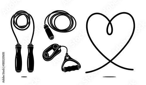 Jumping Rope Fitness Collection Hand Drawn Flat Black Vector Sport Equipment Illustration