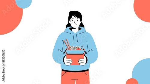 Woman Holding A Box Of Noodles: A Fresh Illustration In Modern Minimalist Style
