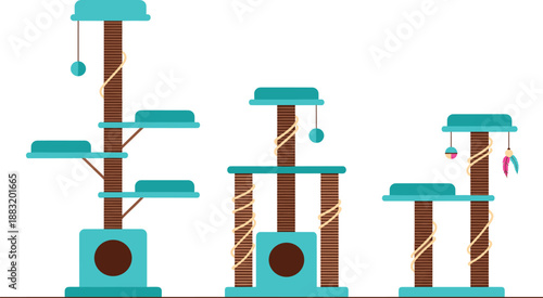 PrintModern cat tree furniture set with scratching posts, platforms, and hanging toys for indoor cats