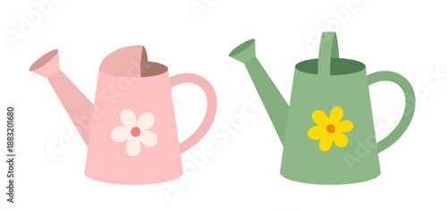 Garden watering can flat vector illustration set.
Simple watering can for plants clip art graphic.
Outdoor garden watering can icon.
Transparent background. SVG.