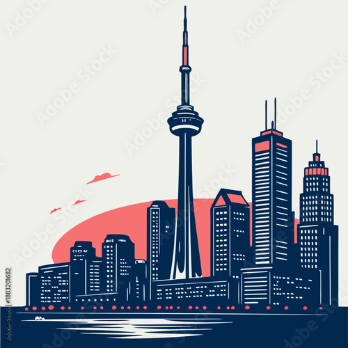 A vibrant cityscape illustration of Toronto's skyline at sunset
