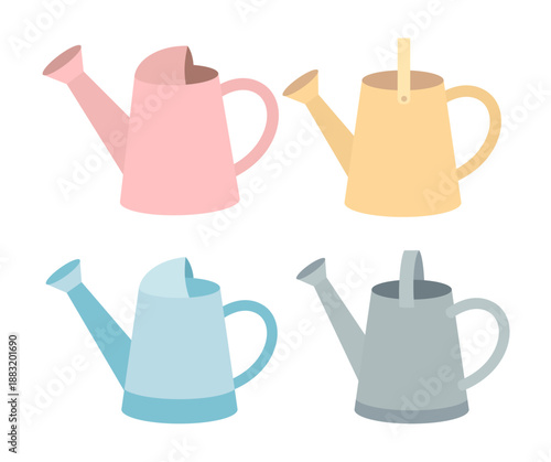 Garden watering can flat vector illustration set.
Simple watering can for plants clip art graphic.
Outdoor garden watering can icon.
Transparent background. SVG.