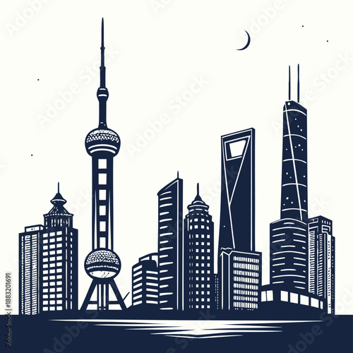 A stunning cityscape at night with sleek skyscrapers and modern architecture