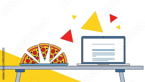 Workday Lunch: Laptop Pizza Delight Conceptual Illustration for Digital Marketing